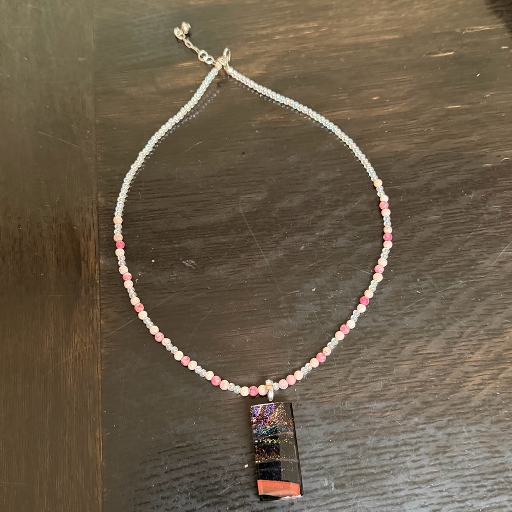 Handmade Necklace Silver Tone Glass Pendant Womens Holiday Gift‎